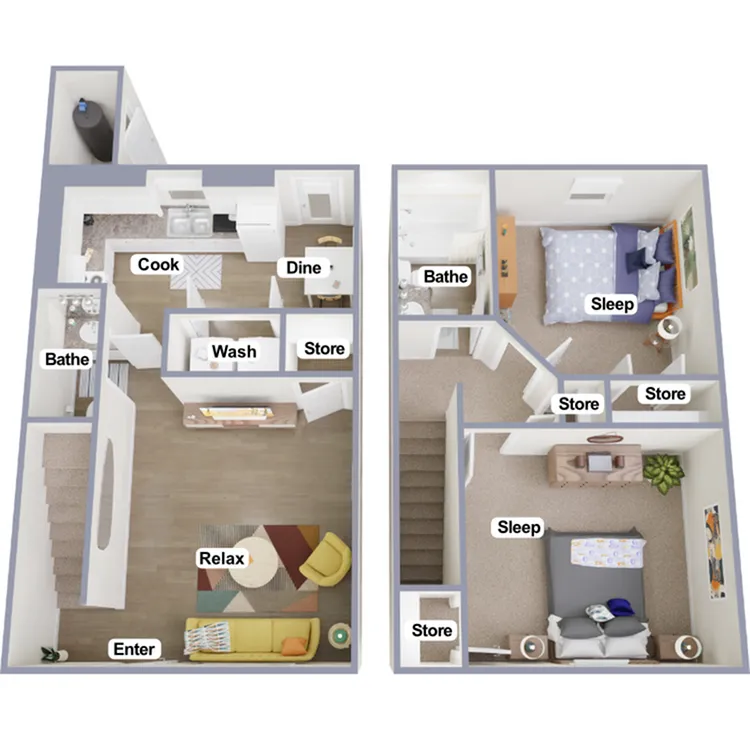 Modern 3D floor plan featuring open-concept living spaces with vibrant decor, a well-equipped kitchen, two cozy bedrooms, and ample storage options.