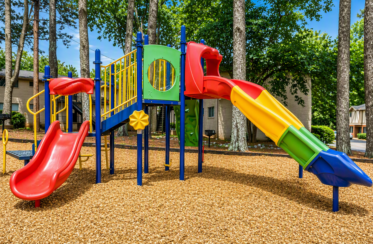 Vibrant playground set in a sunny outdoor area with colorful slides and climbing structures, surrounded by lush trees.