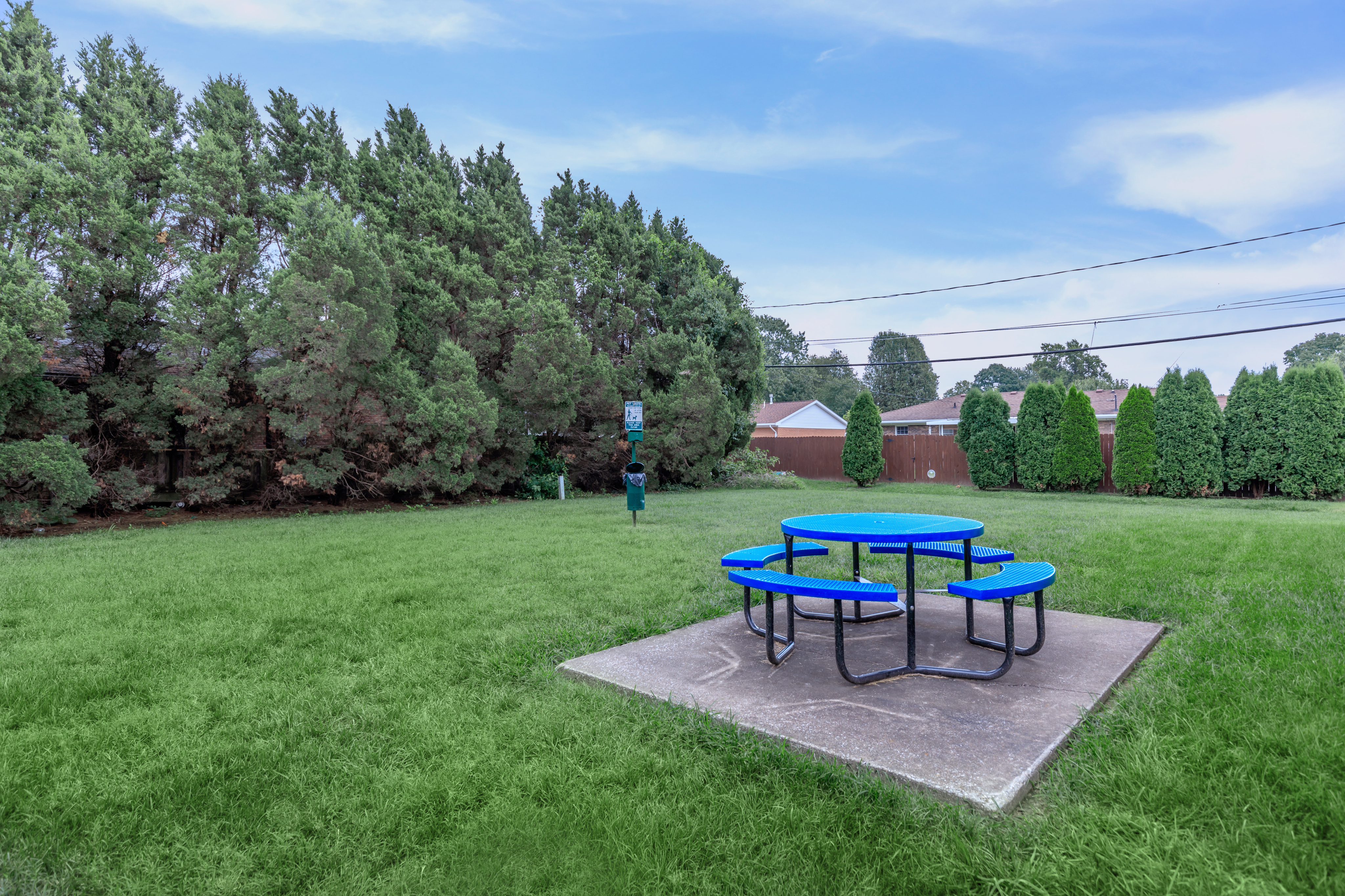 Charming outdoor space featuring a picnic area with a vibrant blue table, surrounded by lush greenery and tall hedges, perfect for relaxation and gatherings.