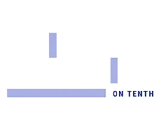 Vibrant logo of Vivio on Tenth, sleek design with modern flair in purple and white.