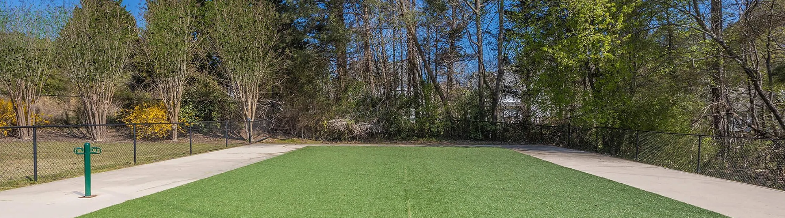 Inviting outdoor area featuring a well-maintained green lawn bordered by lush trees, perfect for relaxation or outdoor activities.