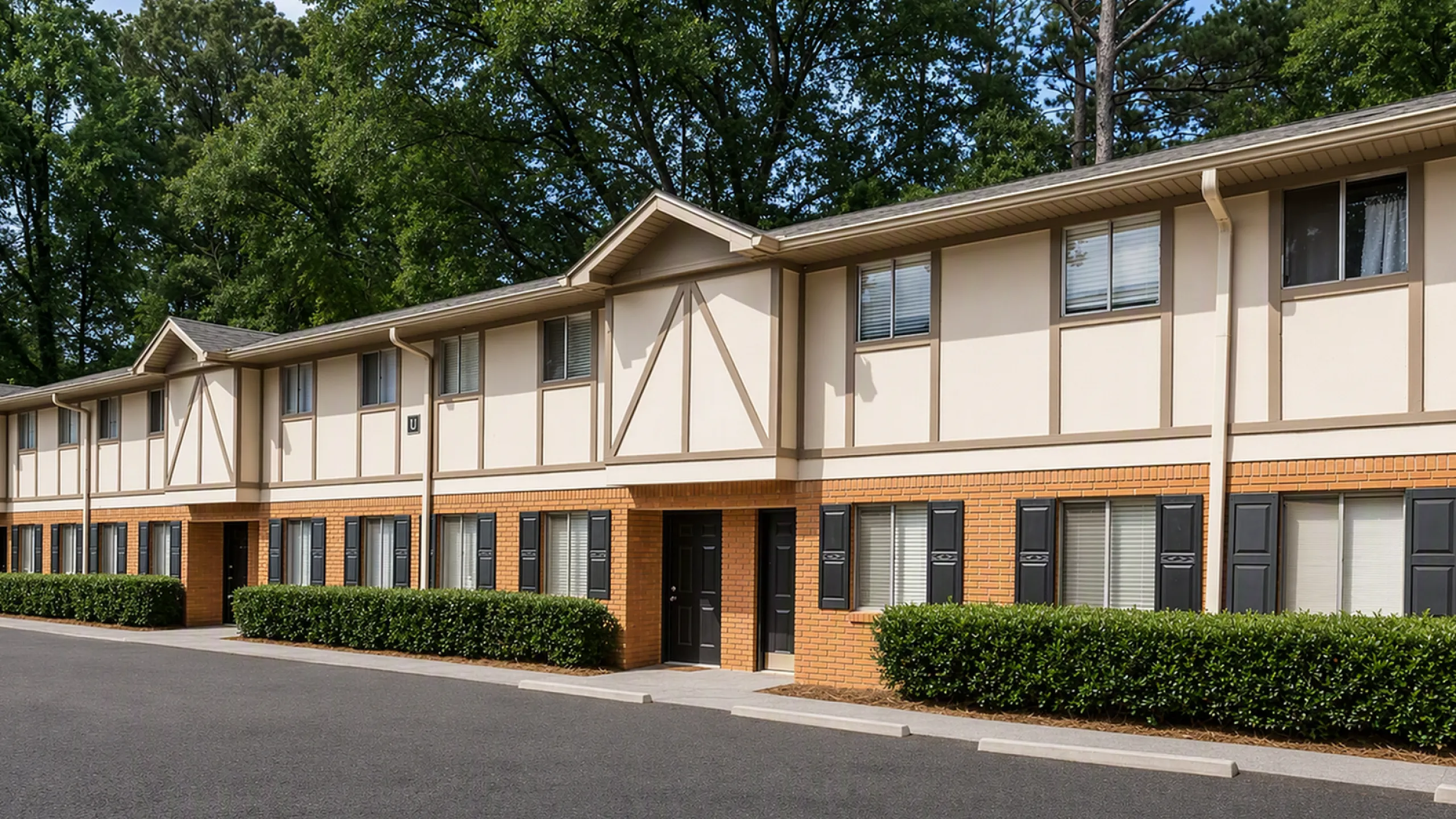 Charming two-story apartment complex with timeless architecture, surrounded by lush greenery and offering serene suburban living.