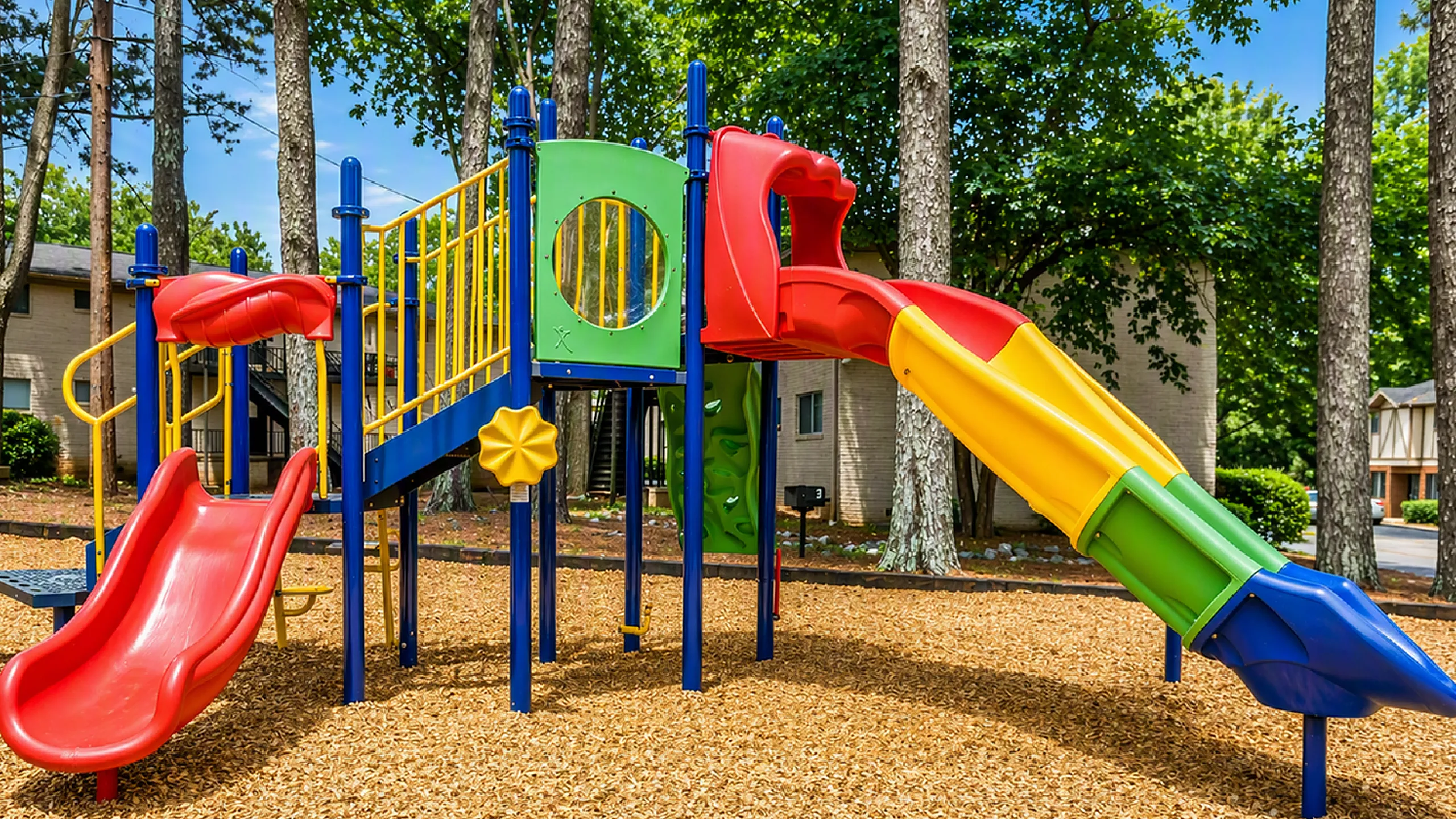 Vibrant playground featuring colorful slides and climbing structure in a serene wooded setting, ideal for family-friendly living.
