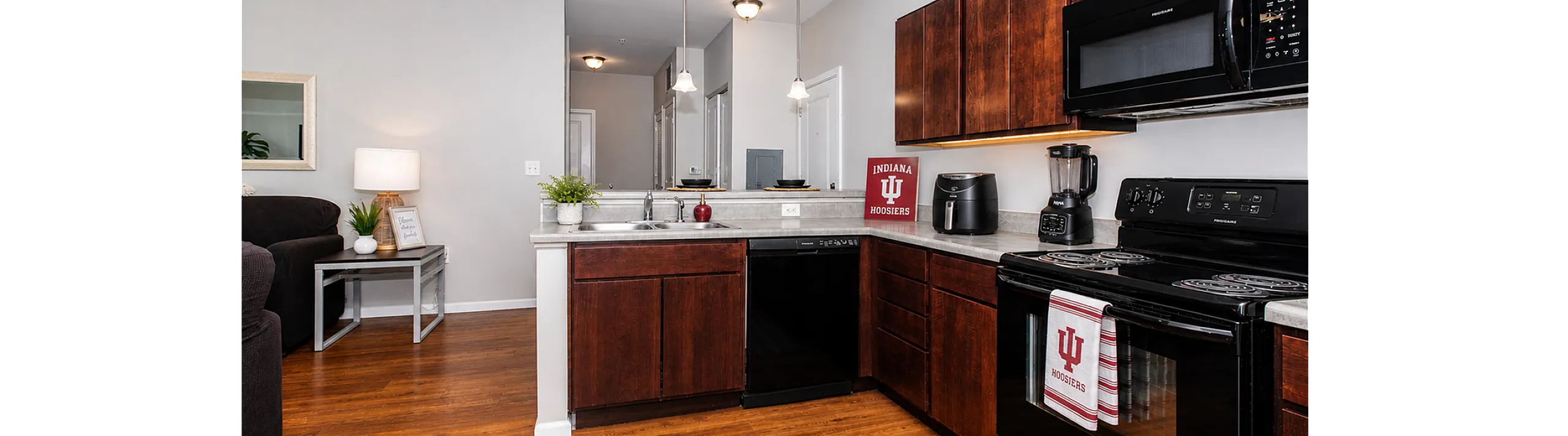 Modern kitchen with sleek dark wood cabinets, stylish appliances, and cozy adjacent living area with warm lighting.