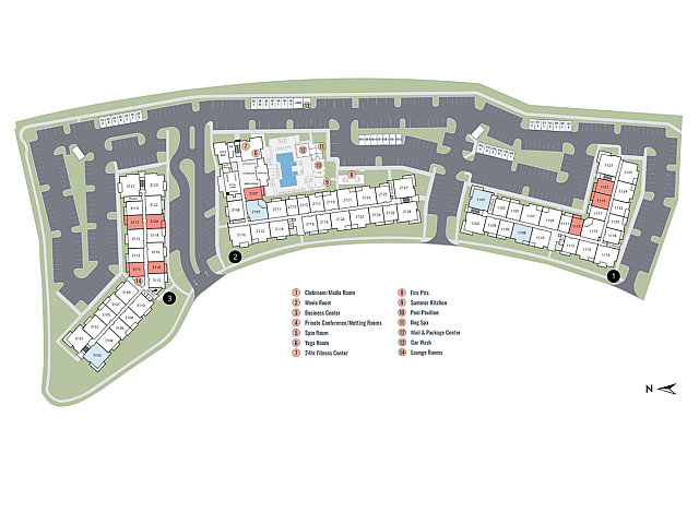 Expansive apartment complex map featuring multiple residential units, a central pool pavilion, and a variety of amenities including a fitness center, yoga room, and business center, set against ample parking areas.