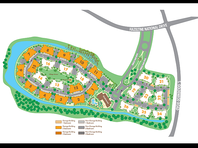 Inviting community layout showcasing diverse apartment buildings, lush greenery, scenic river, and convenient amenities like a playground and clubhouse.