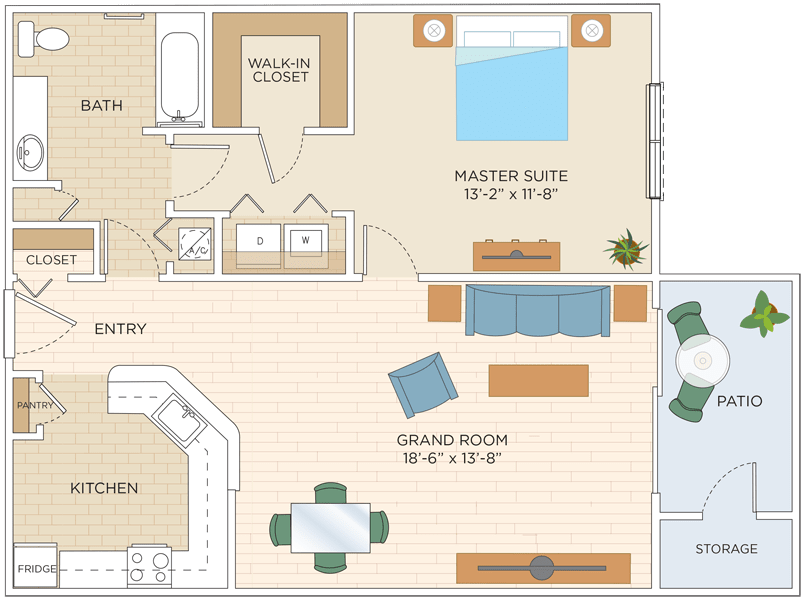 Modern open-concept floor plan featuring a master suite with walk-in closet, spacious grand room, stylish kitchen with pantry, and inviting patio space.