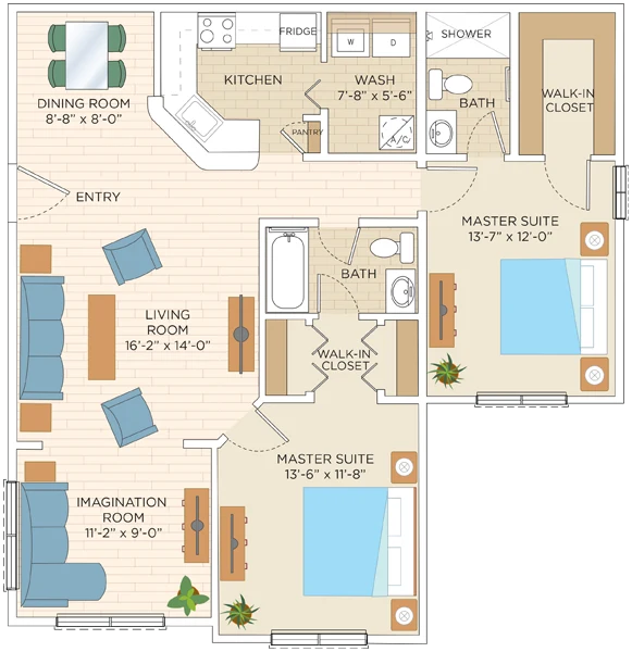 Elegant floor plan showcasing a master suite with walk-in closet, second bedroom and bathroom, expansive grand room, and sleek kitchen with pantry, opening to a cozy patio and storage area.