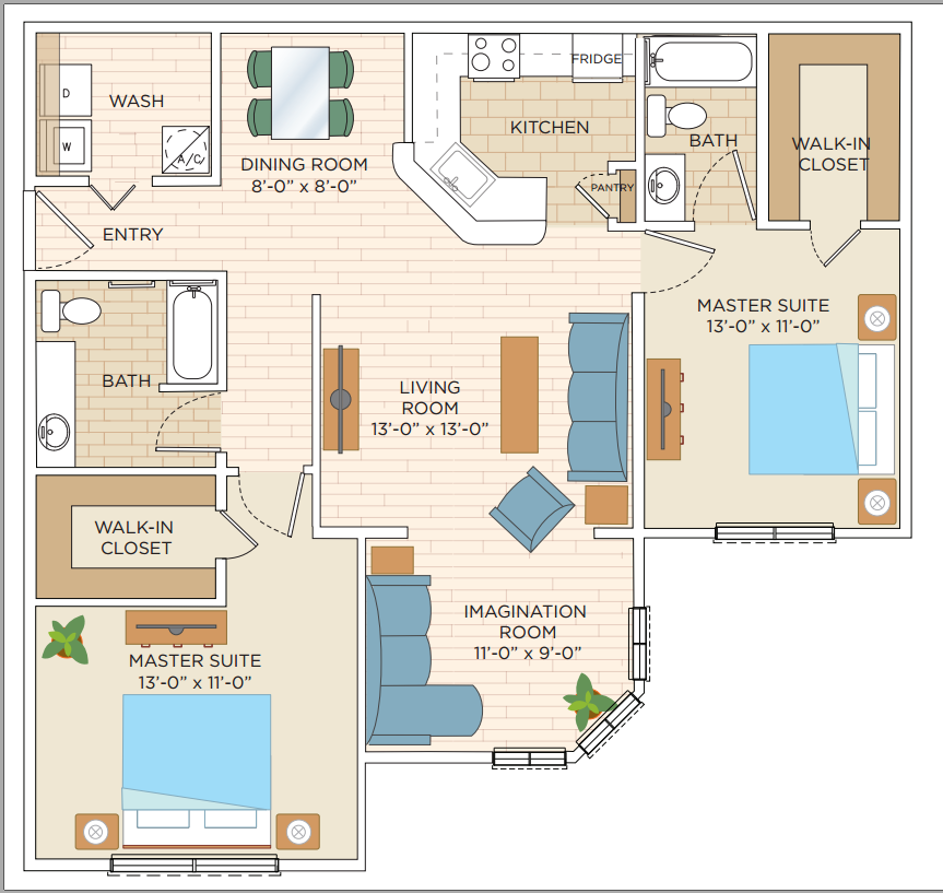 Chic floor plan showcasing two master suites with walk-in closets, spacious living room, dining area, and a stylish kitchen. Includes an imagination room for creative use.