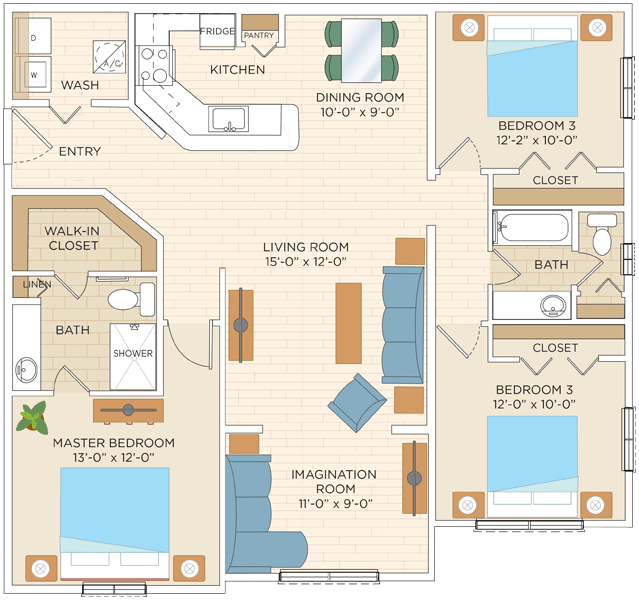 Elegant floor plan showcasing a master suite with walk-in closet, expansive grand room, and sleek kitchen with pantry.