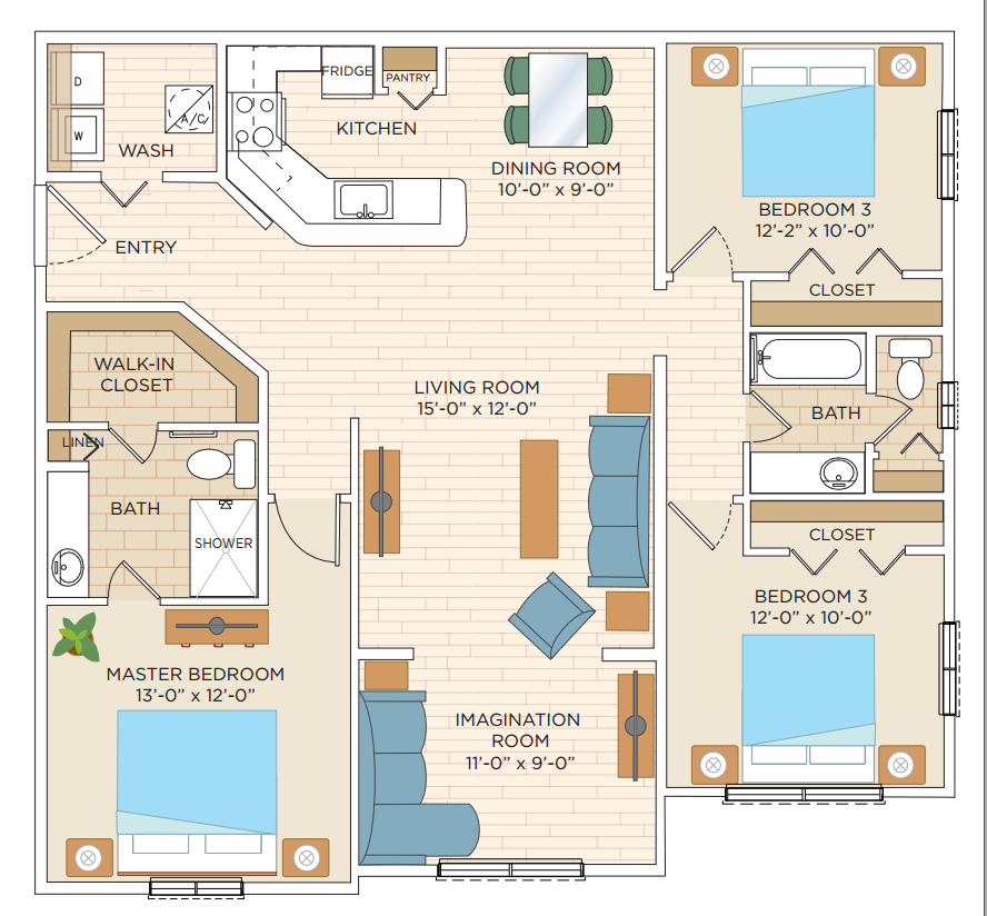 Modern floor plan showcasing a spacious 3-bedroom layout, including a master bedroom with walk-in closet, open kitchen and dining area, expansive living room, and a unique imagination room.