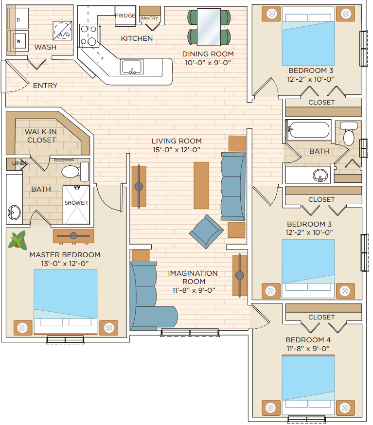 Modern apartment floor plan featuring a spacious master bedroom with walk-in closet, three additional bedrooms, open-concept kitchen and dining area, and a unique imagination room.