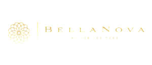 Elegant BellaNova at Jubilee Park logo featuring a sophisticated gold floral design.