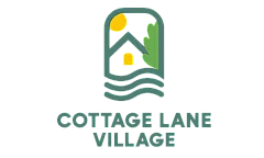Inviting Cottage Lane Village logo featuring a house silhouette with a sun and tree elements, symbolizing peaceful and cozy community living.
