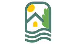 Modern minimalist logo featuring a stylized house with a yellow window, green tree, and sun, above three wavy lines symbolizing harmony with nature.