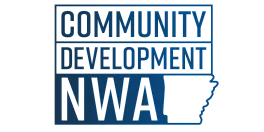 Community Development NWA logo with bold blue text and an outline of Arkansas.