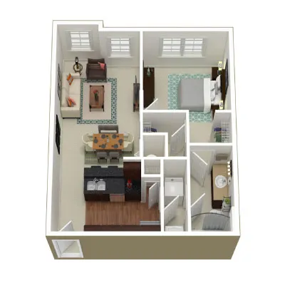 Modern 3D apartment floor plan with two bedrooms, cozy living room, compact kitchen, and a well-lit bathroom.