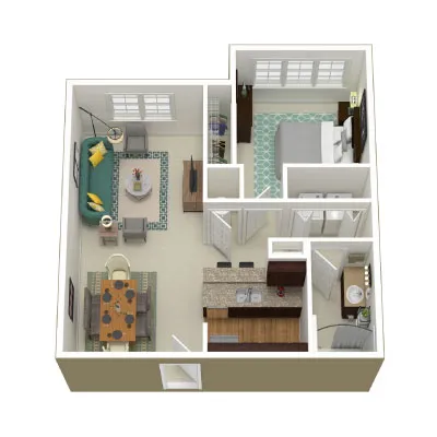 Charming open-concept floor plan featuring a cozy living area, modern kitchen with island, dining space, and a spacious bedroom with en-suite bathroom.