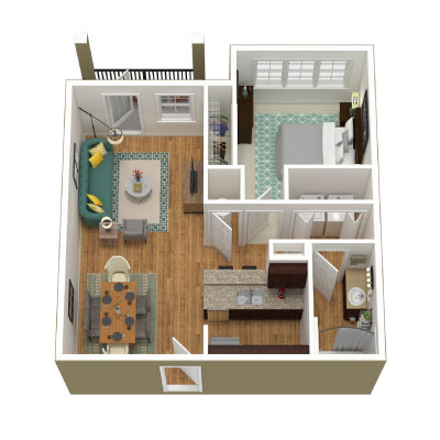 Charming 3D floor plan featuring a cozy 1-bedroom layout with an open living area, modern kitchen, and stylish bathroom.