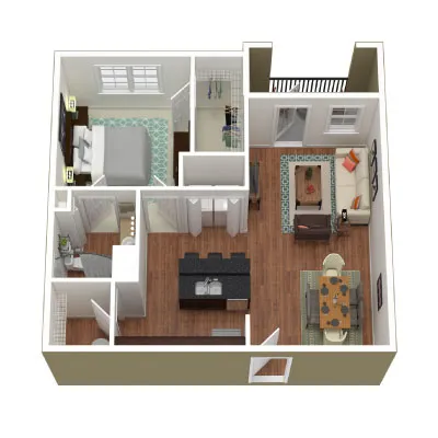 Modern 3D floor plan featuring a spacious bedroom, a cozy living area with stylish furniture, an elegant kitchen with a breakfast bar, and a well-appointed bathroom.
