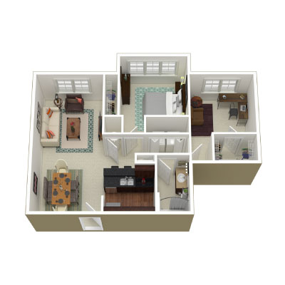 Charming 3D floor plan showcasing a cozy apartment with 2 bedrooms, inviting living area, and a modern kitchen.