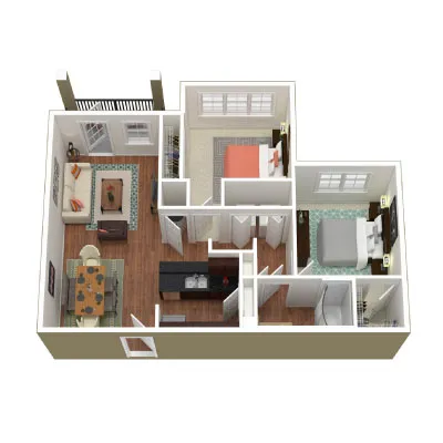 Inviting 3D floor plan displaying two cozy bedrooms, a modern open-plan living and dining area, and a fully equipped kitchen.
