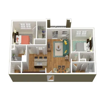 Modern 3D floor plan showcasing 2 cozy bedrooms, an elegant living area, and a sleek kitchen with dining space.