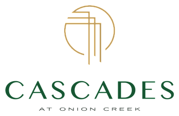 Elegant logo for Cascades at Onion Creek featuring a modern design with gold and green accents.