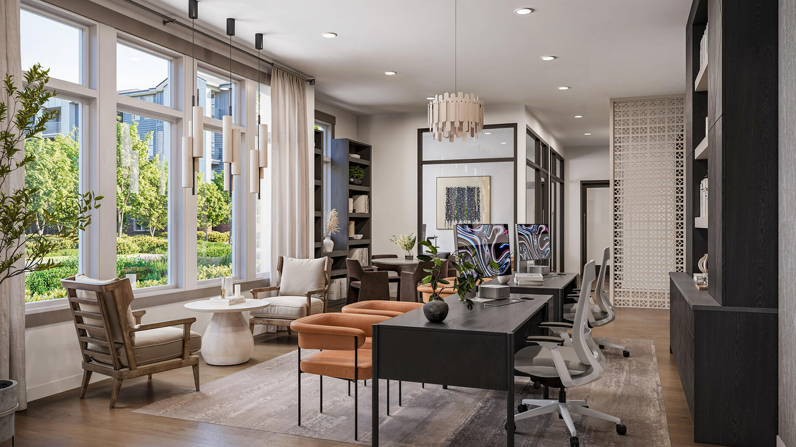 Bright and modern office space with elegant wooden flooring, large windows offering lush green views, chic lighting fixtures, and contemporary furniture.