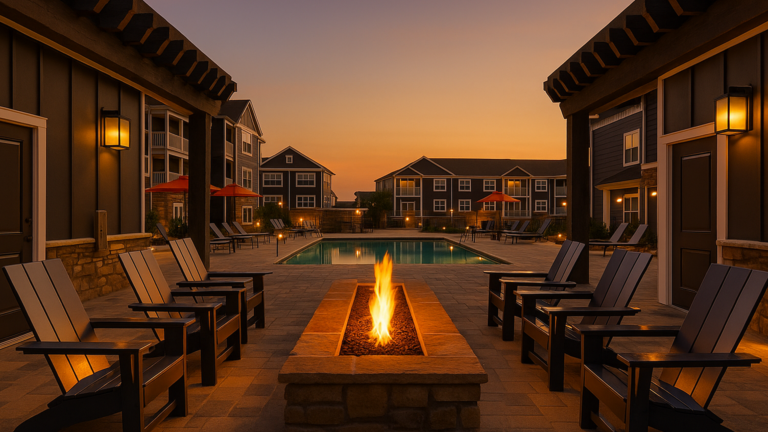 Inviting outdoor patio with a cozy fire pit, stylish seating, and a luxurious pool, set against a stunning sunset backdrop at a modern apartment complex.