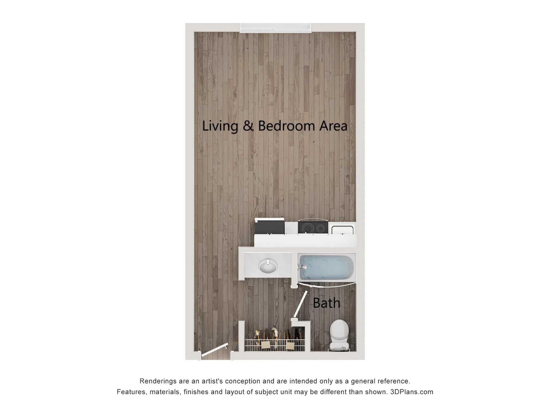 Modern studio apartment floor plan featuring an open living and bedroom area with an adjoining bath, showcasing efficient use of space with stylish design.
