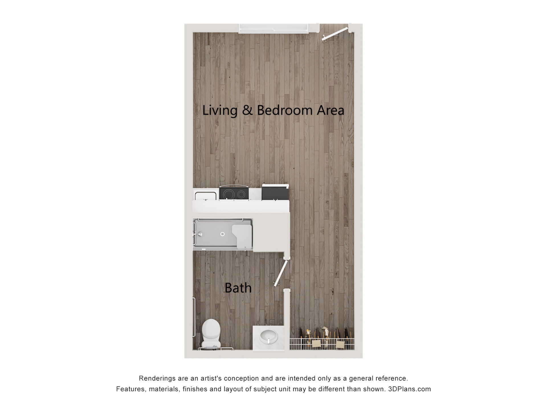 Chic studio apartment floor plan featuring a combined living and bedroom area with an adjoining modern bath.