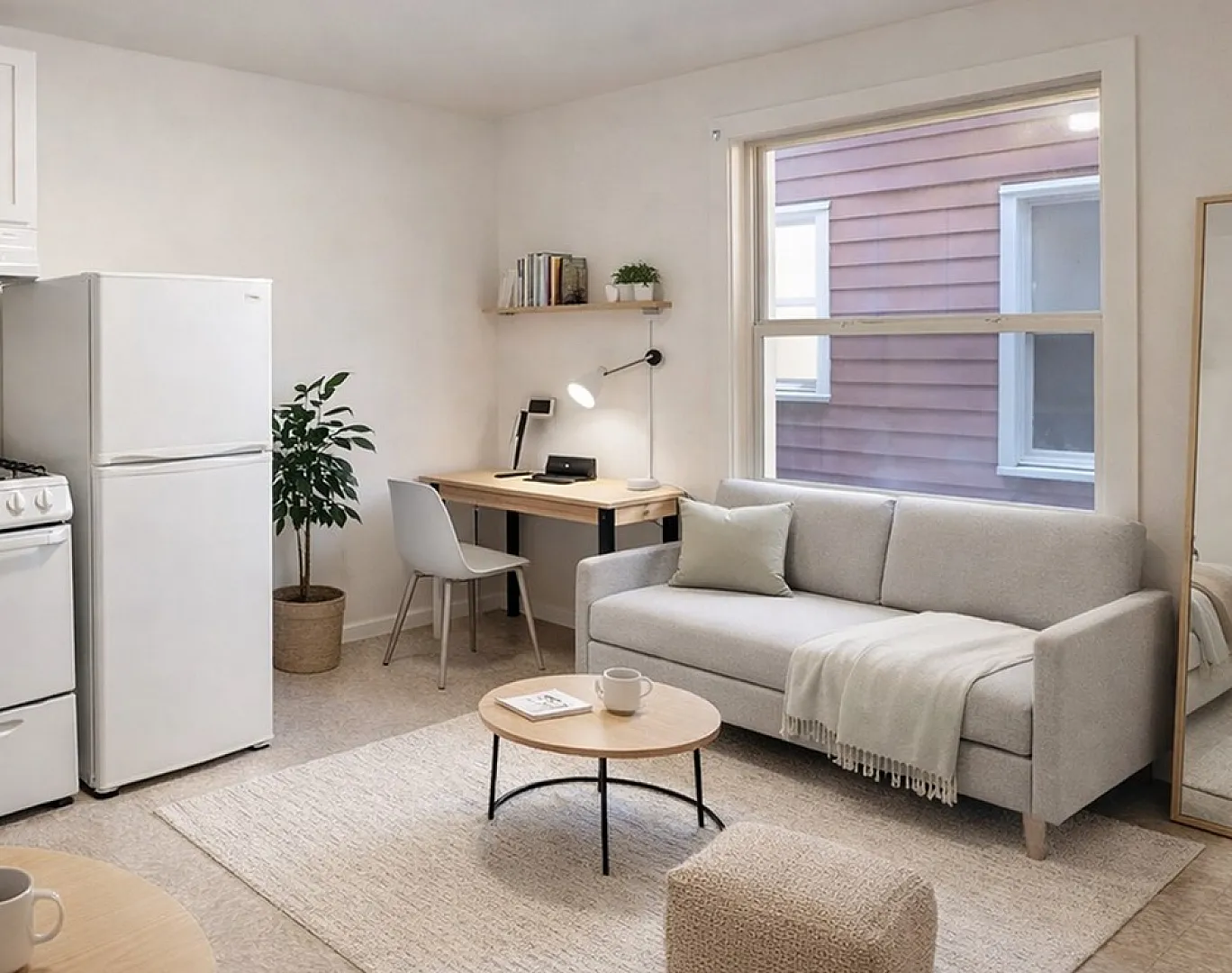 Bright and cozy studio apartment with modern kitchen, comfortable living area, and stylish decor.