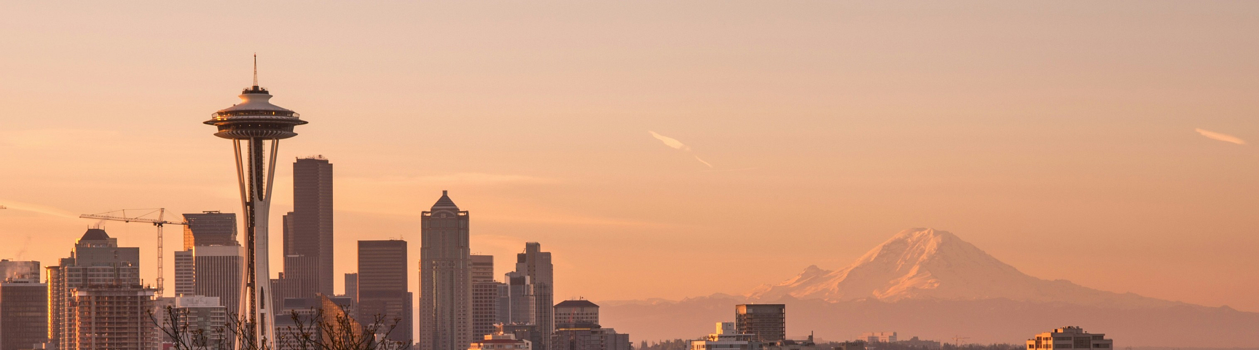Breathtaking city skyline view with the iconic Space Needle and majestic mountain backdrop at sunset, perfect for urban living enthusiasts.