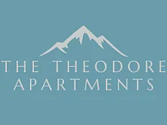 Modern logo for The Theodore Apartments featuring a minimalistic mountain design on a calming blue background.