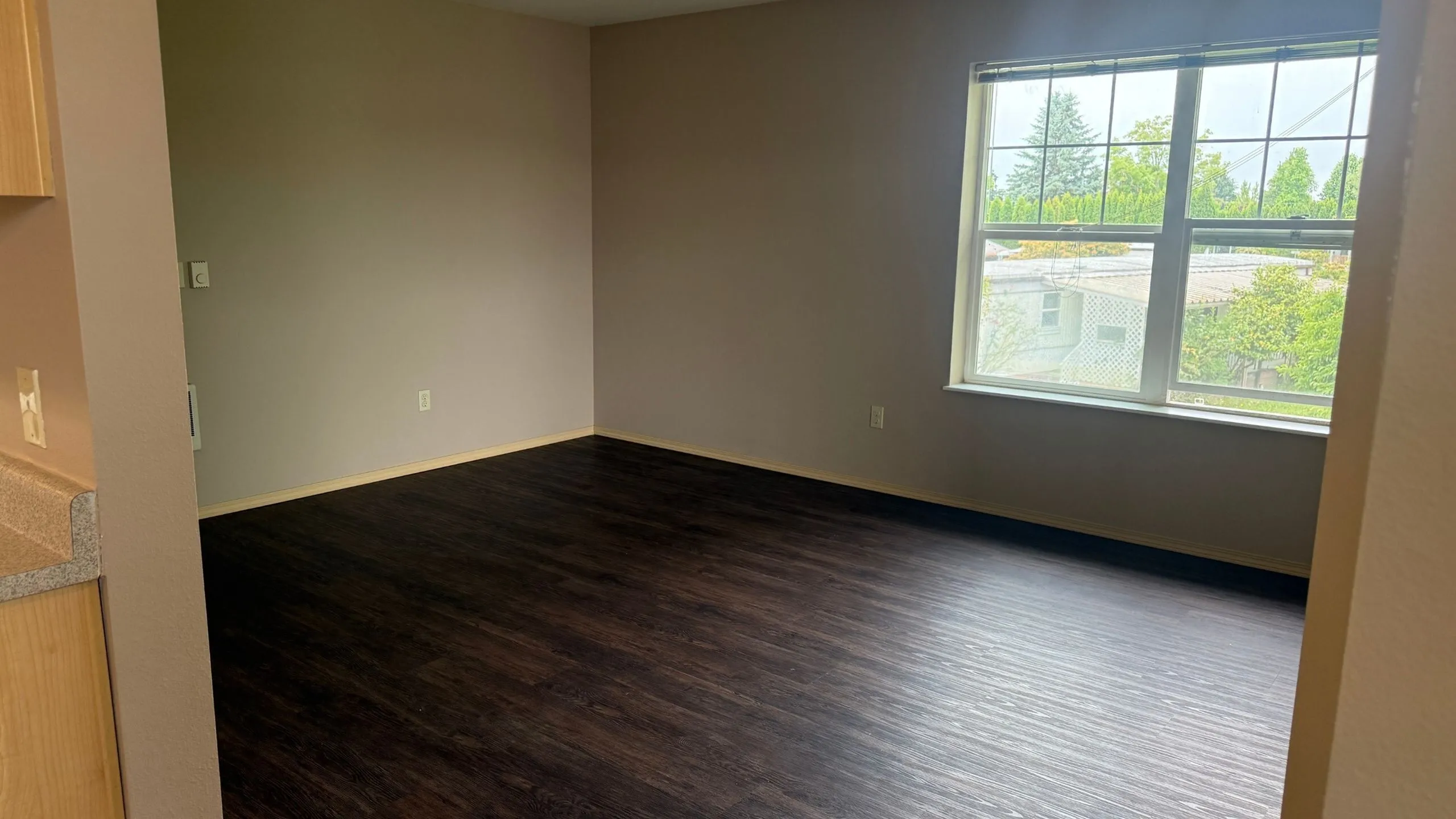 Bright, empty room with dark wood flooring and a large window overlooking greenery, perfect for customization.