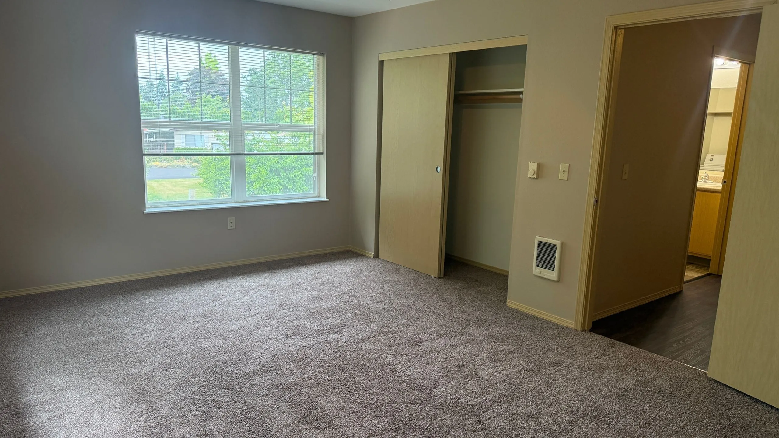 Bright bedroom with plush carpet, large window, and sliding closet door offering a serene view of greenery.