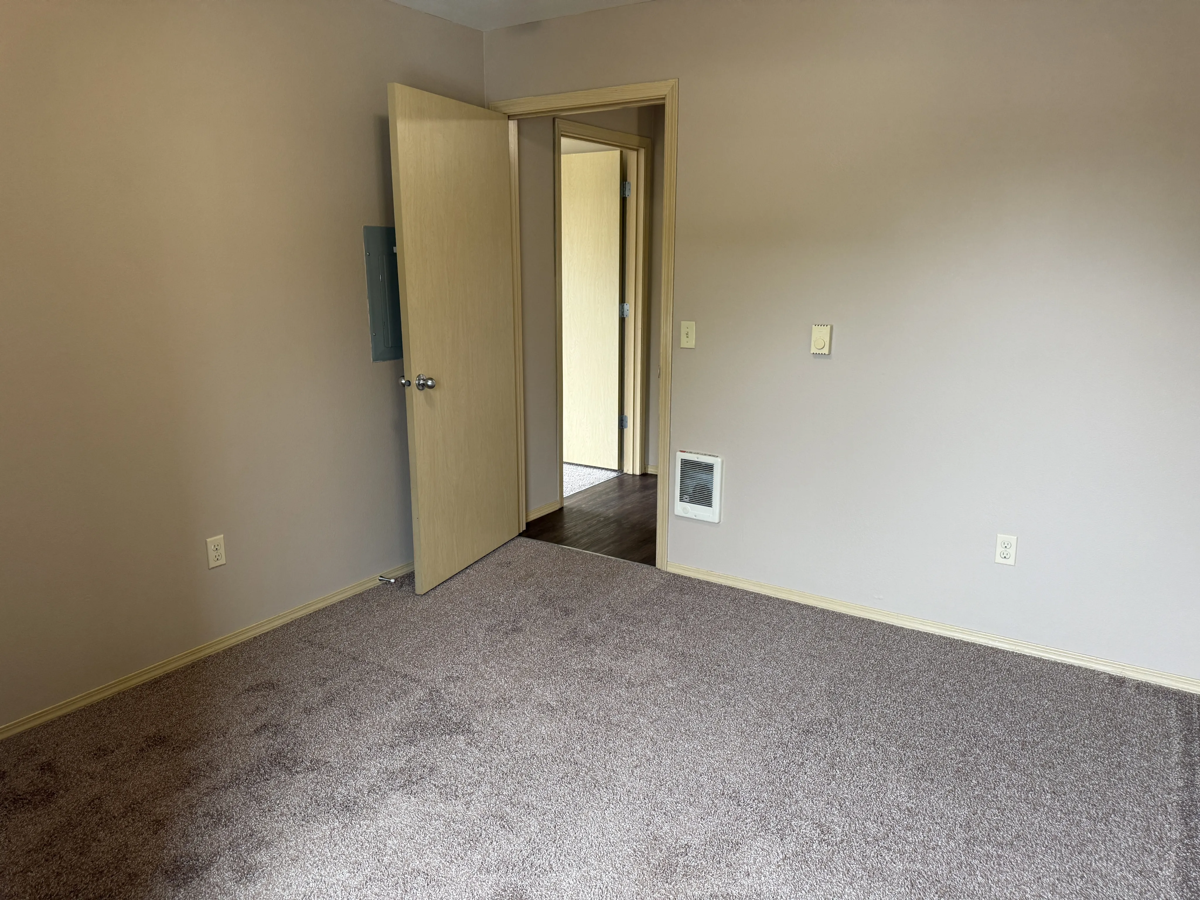 Spacious bedroom with plush carpeting and natural light, featuring modern wall finishes and an open doorway.