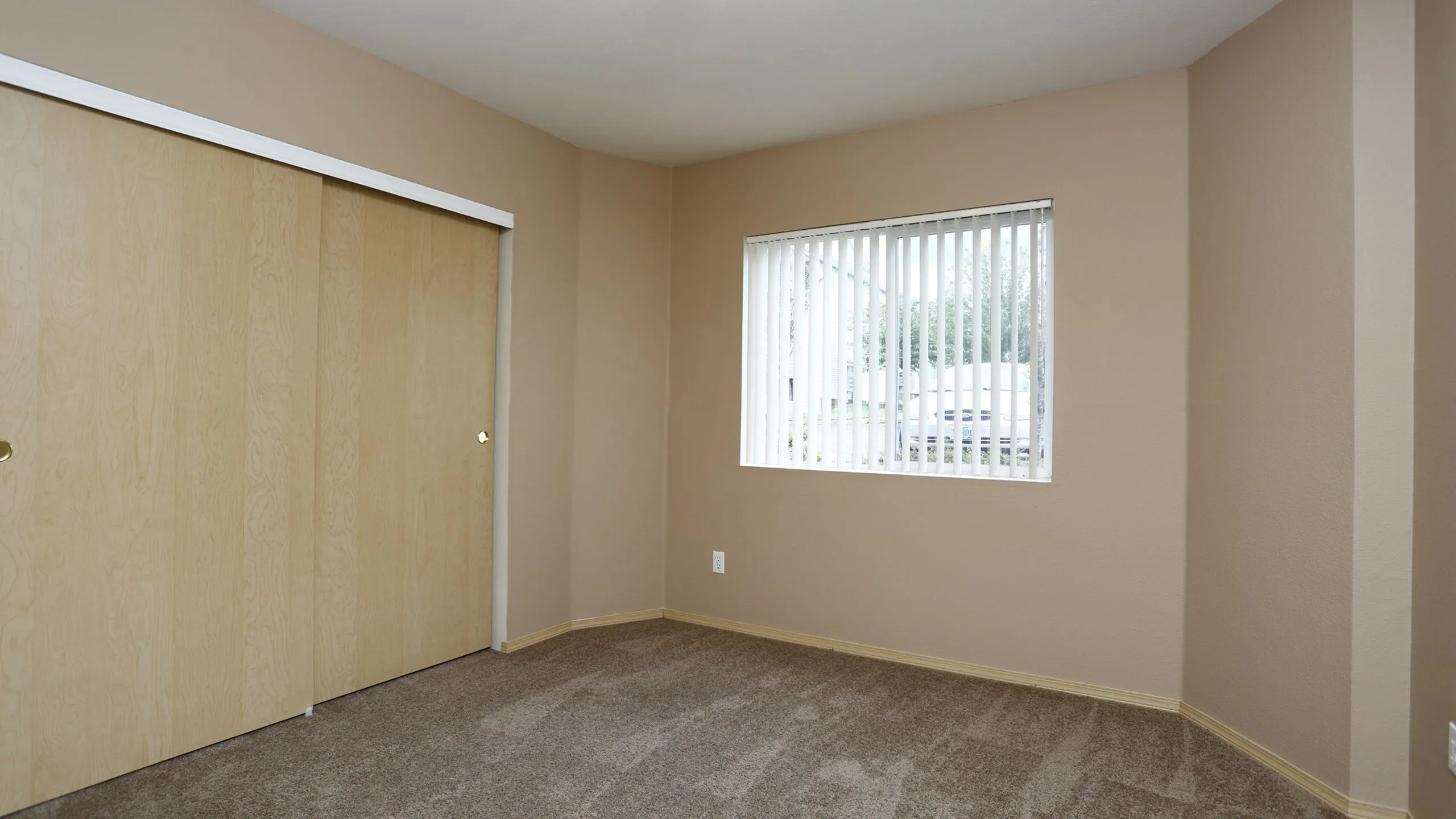 Bright and cozy room with soft carpet flooring, large wooden closet doors, and a sunlit window with blinds.
