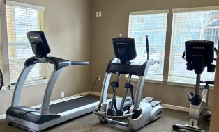 Bright and modern apartment fitness center with state-of-the-art treadmill, elliptical, and stationary bike, offering a refreshing workout experience.