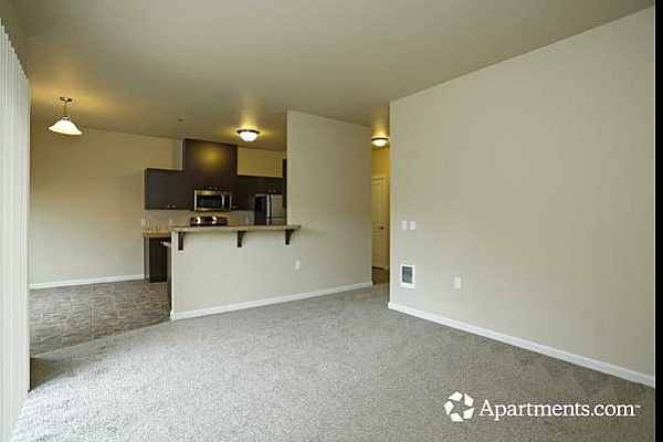 Bright and spacious living area with modern kitchen featuring sleek cabinetry and stainless steel appliances.