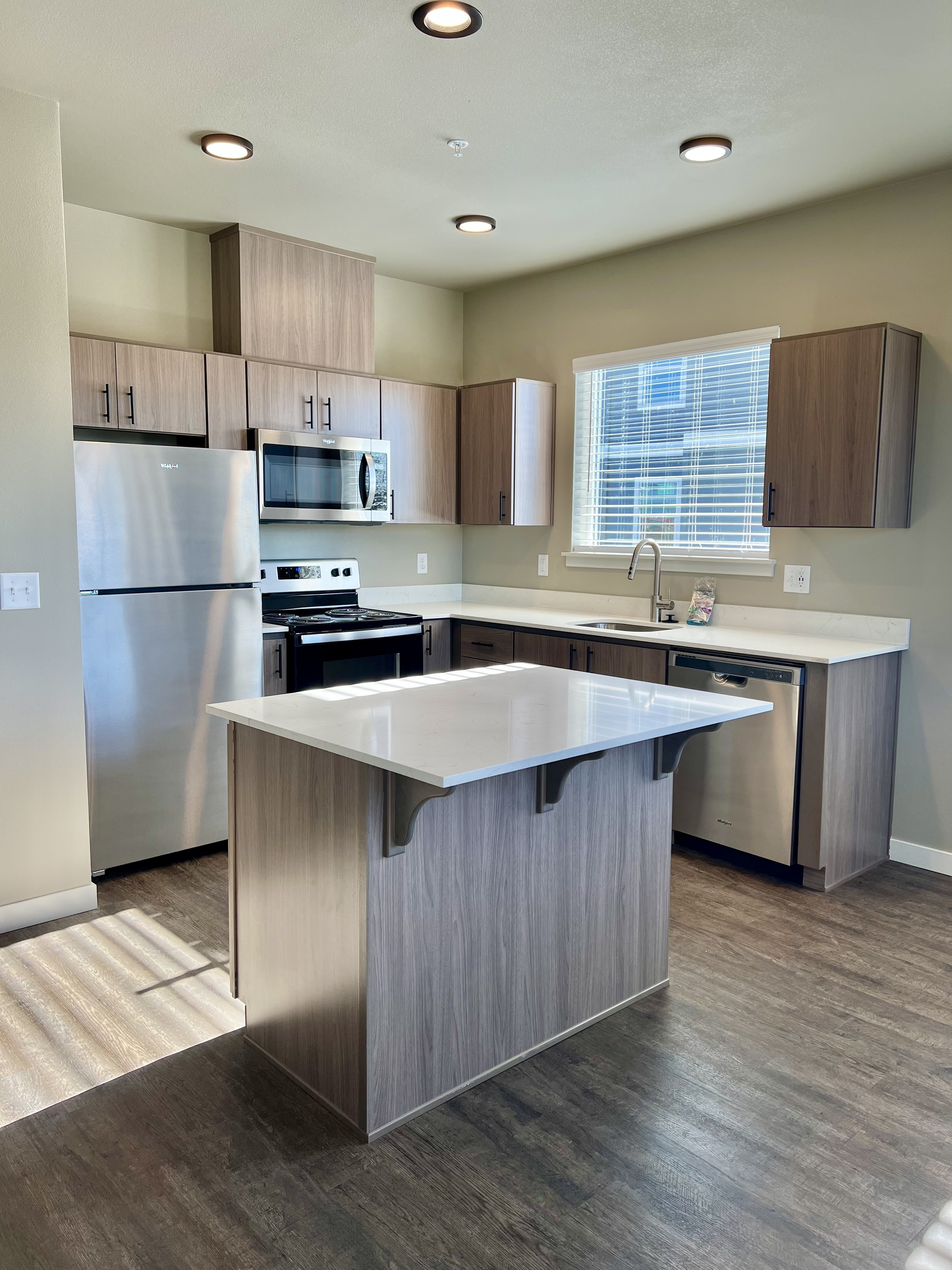 Modern kitchen with sleek stainless steel appliances, spacious island, and elegant cabinetry.