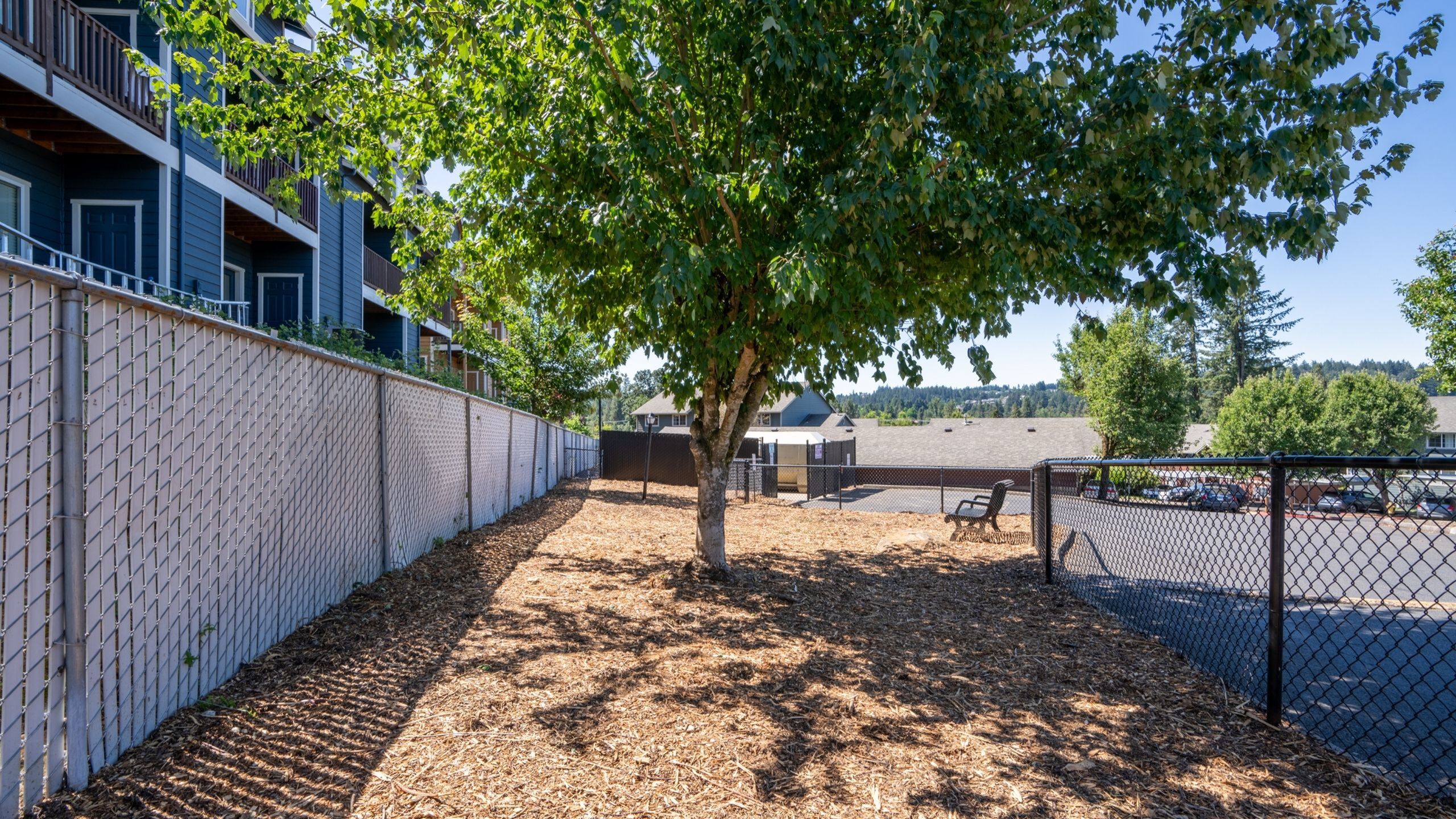 Charming outdoor space with lush greenery, spacious fenced area, and relaxing chairs, perfect for enjoying the serene surroundings.