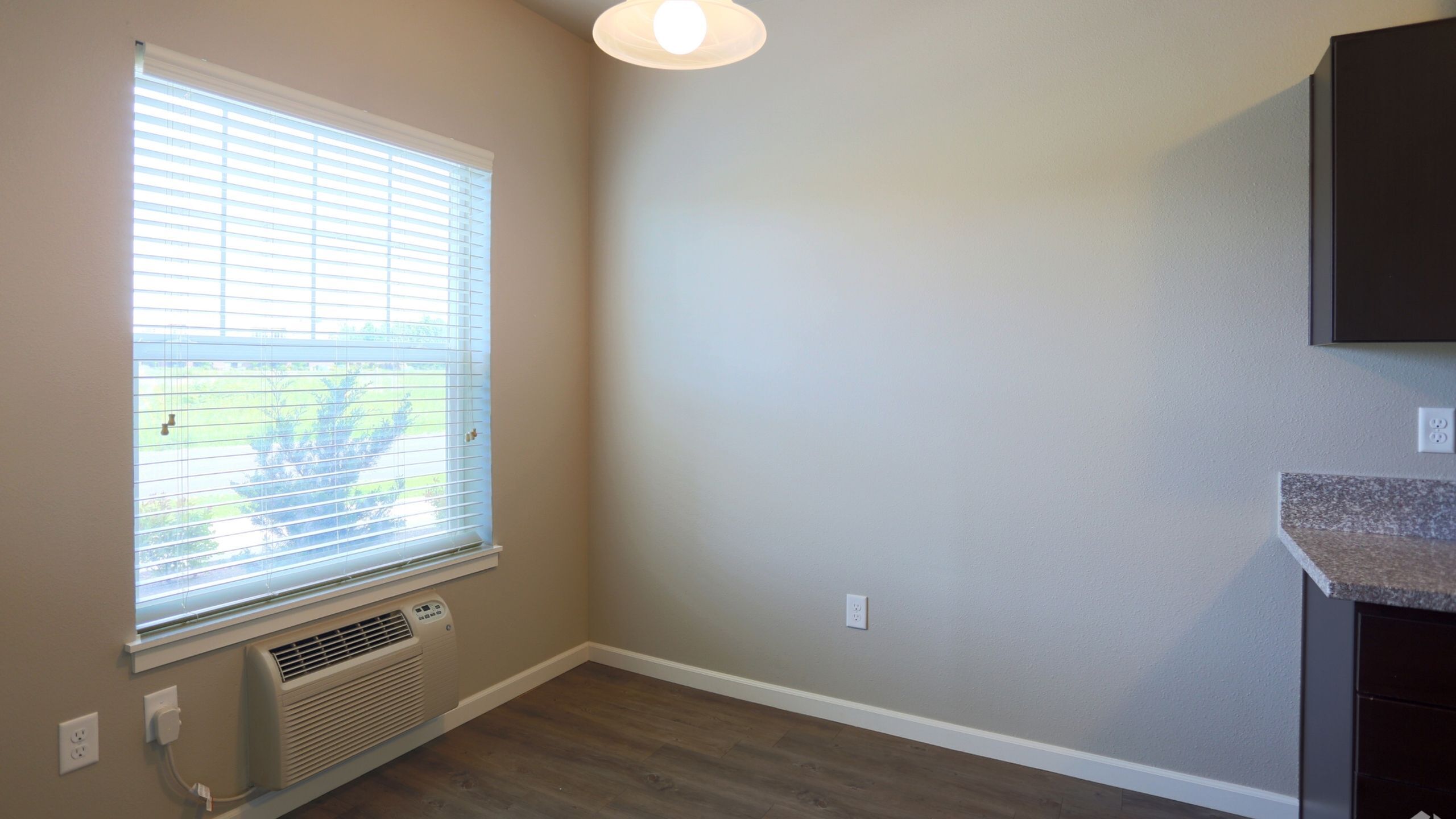 Bright and inviting room with a large window, wood-style flooring, and stylish lighting, perfect for creating a cozy dining or workspace area.