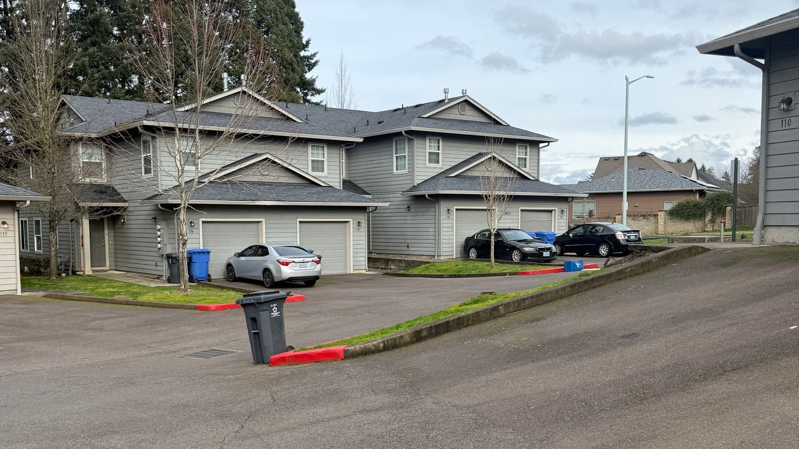 Charming duplex community with modern architecture, featuring attached garages and manicured lawns, nestled in a serene neighborhood.