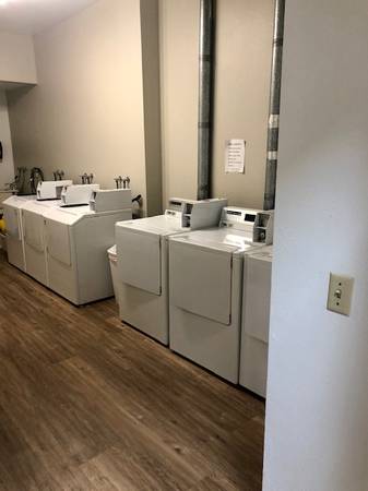 Modern laundry facility with multiple washing machines and dryers, featuring sleek design and ample space.