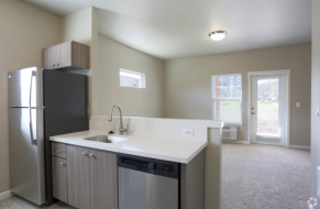 Bright and modern kitchen and living area with sleek appliances and natural lighting, perfect for stylish living.