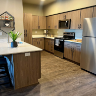 Modern kitchen with sleek wood cabinetry, stainless steel appliances, and an inviting breakfast bar.