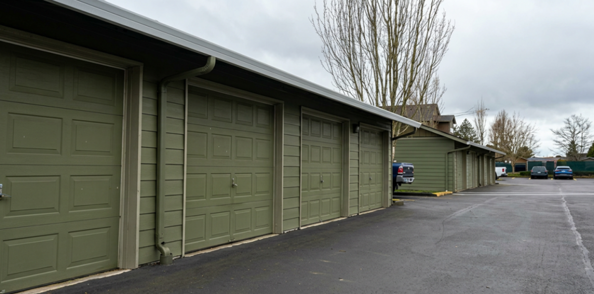 Modern apartment complex exterior featuring green garage doors and ample parking space.