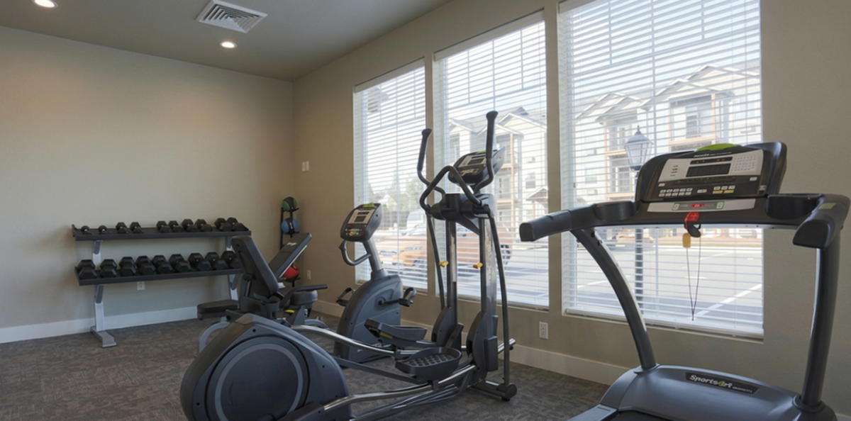 Modern apartment fitness center with natural light featuring a treadmill, elliptical machines, free weights, and a vibrant atmosphere.